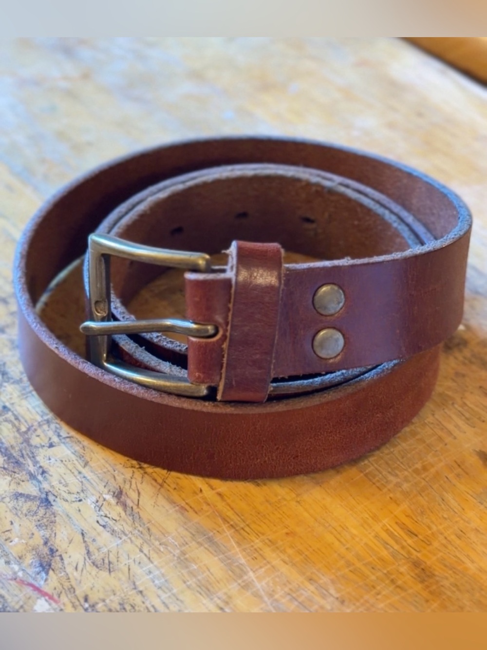 Portland Leather Goods Brown Leather Belt with Brass Buckle Sz 38